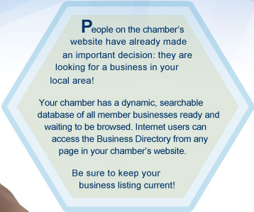 People on the chamber&rsquo;s website have already made an important decision: they are looking for a business in your local area! Your chamber has a dynamic, searchable database of all member businesses ready and waiting to be browsed. Internet users can access the Business Directory from any page in your chamber&rsquo;s website. Be sure to keep your business listing current!